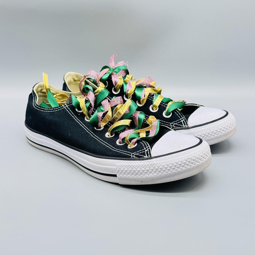 Converse Shoes Womens 8 Black All Star Low Top Custom Ribbon Laces Unique - Picture 2 of 12